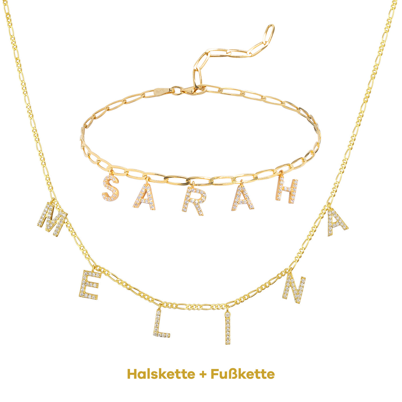 Set - Buchstaben Choker Zirkonia & Fußkette Seldom mit Buchstaben (7962418938123)