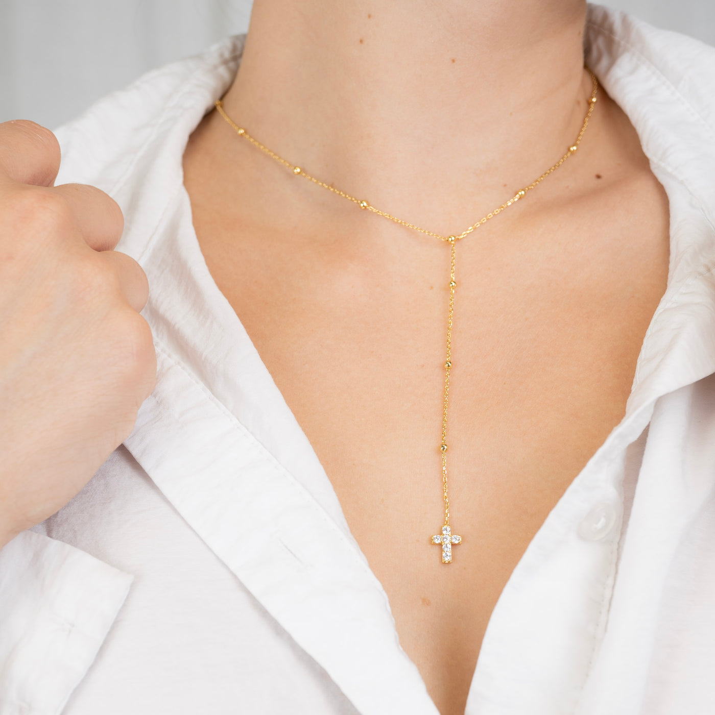 Y-necklace ball with mini cross zirconia