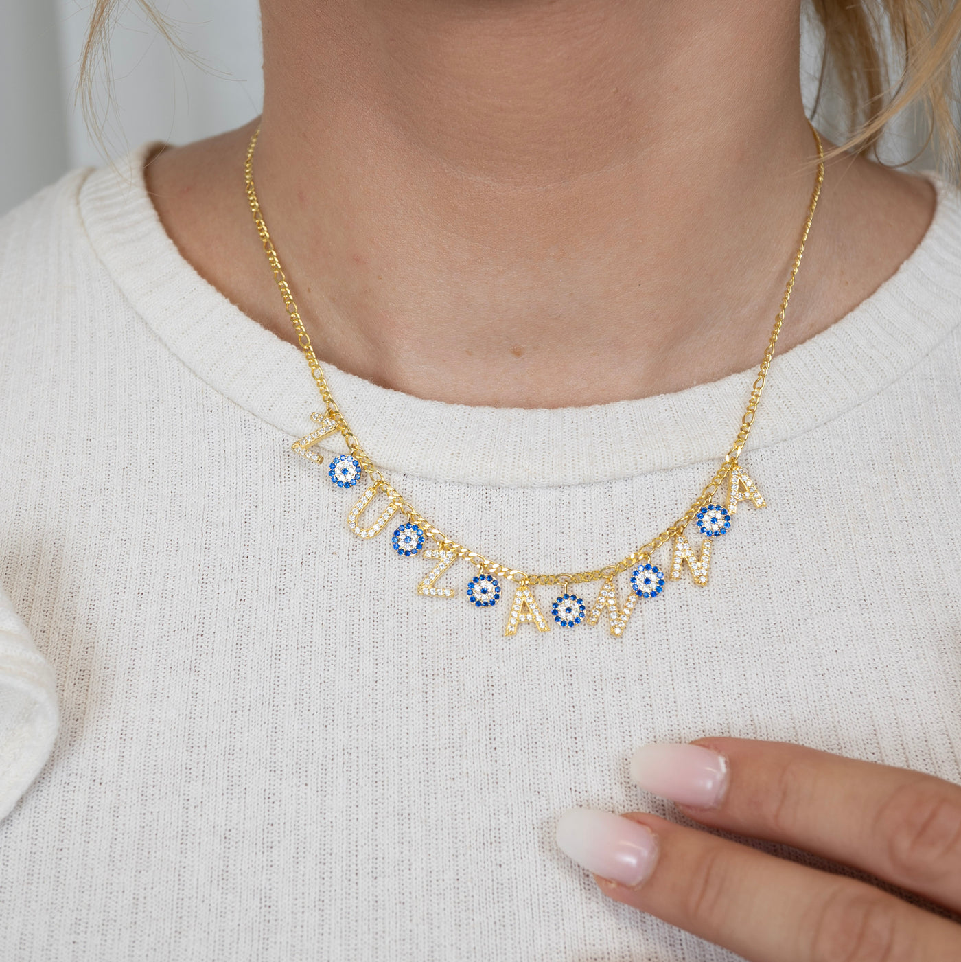 Letter cubic zirconia necklace with Nazar pendant