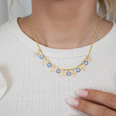 Letter cubic zirconia necklace with Nazar pendant
