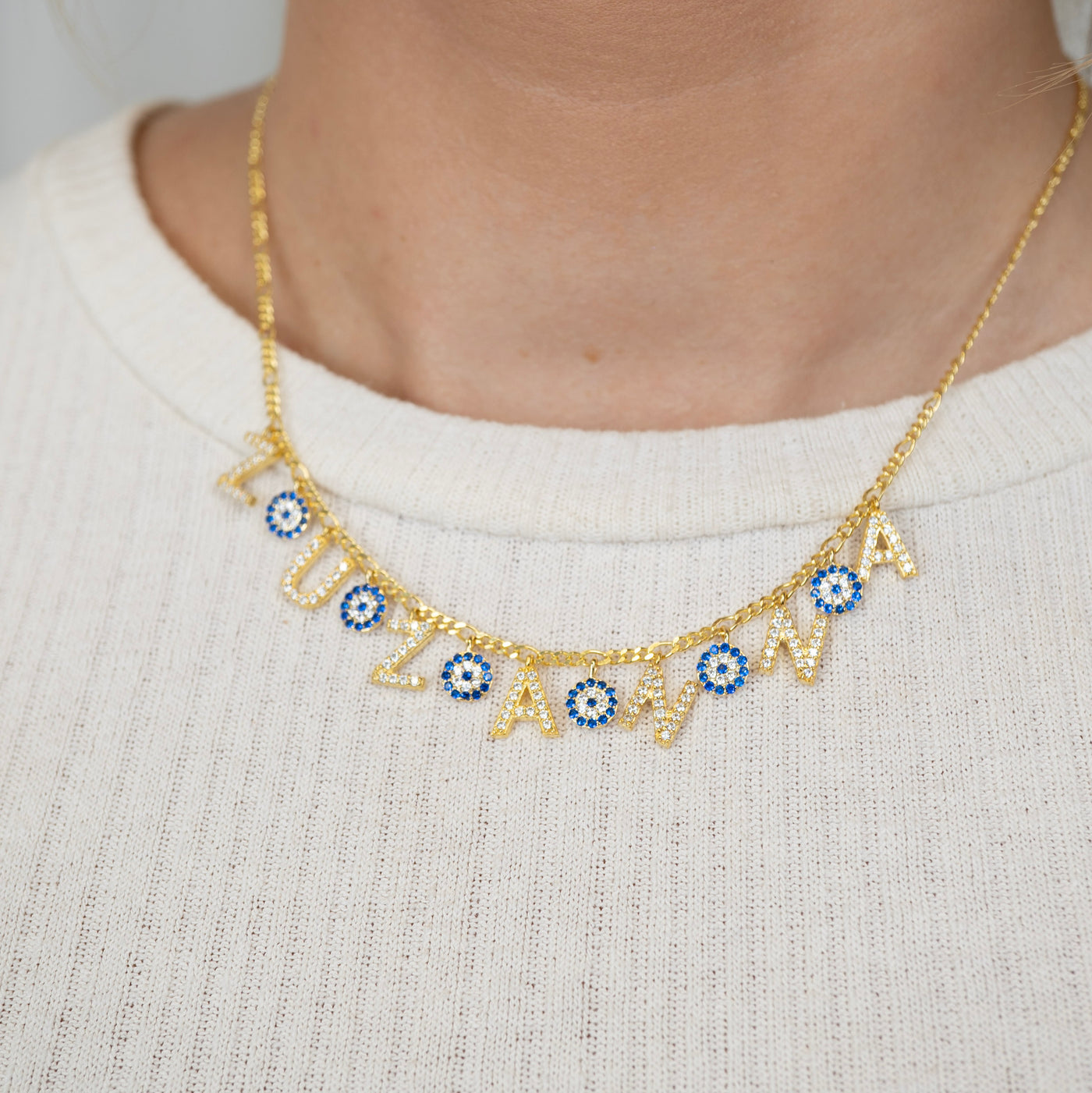 Letter cubic zirconia necklace with Nazar pendant