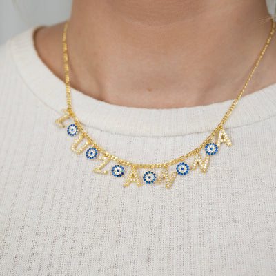 Letter cubic zirconia necklace with Nazar pendant