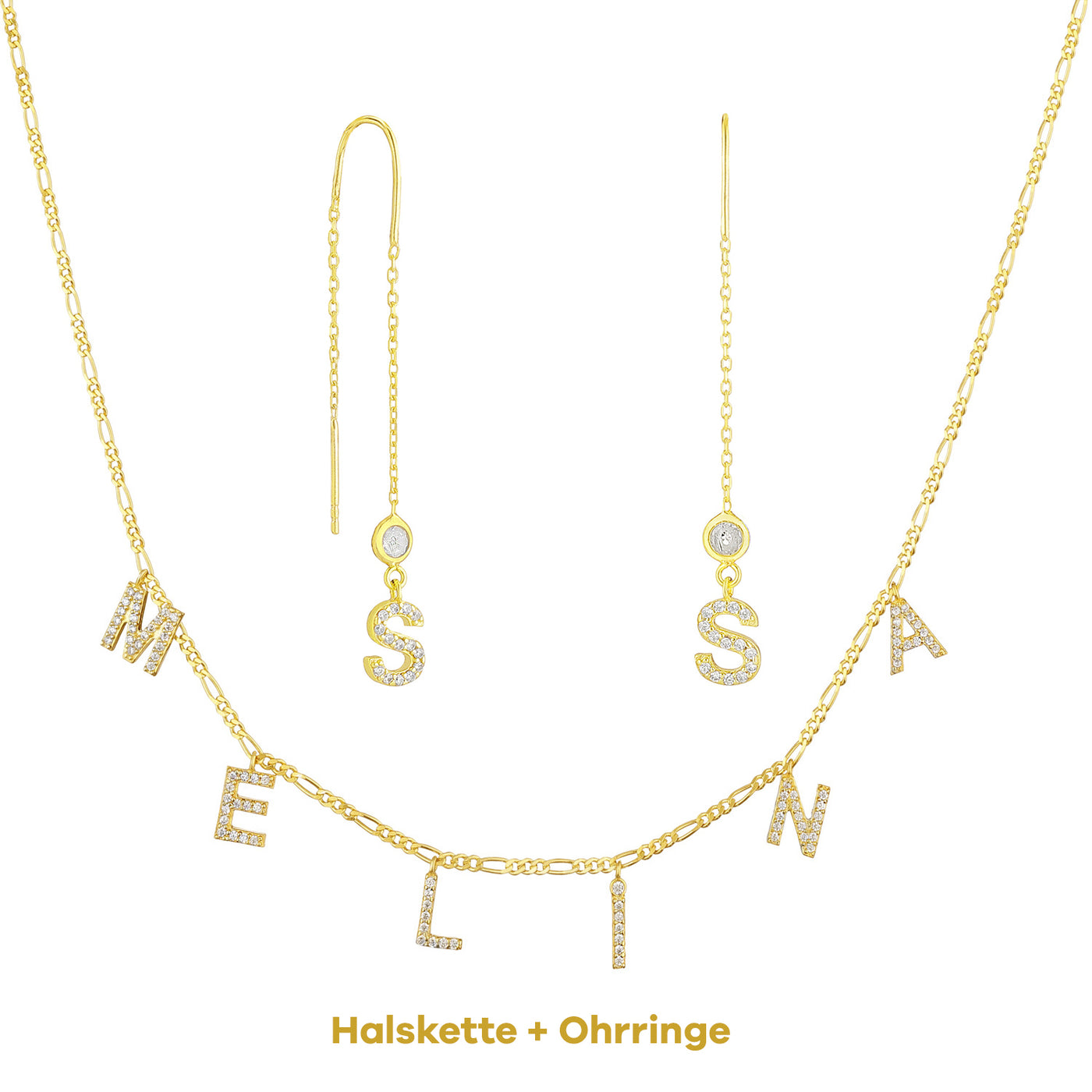 Set - Buchstaben Choker mit Zirkonia & Doppelstrang-Ohrringe mit Zirkonia (7962694877451)