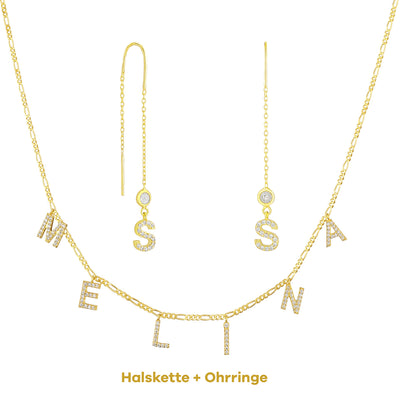 Set - Buchstaben Choker mit Zirkonia & Doppelstrang-Ohrringe mit Zirkonia (7962694877451)