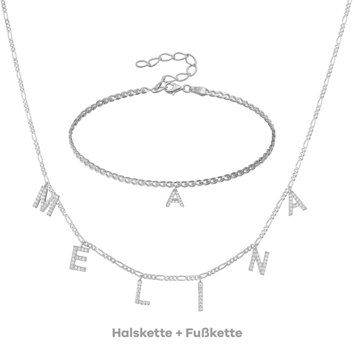 Set - Buchstaben Choker mit Zirkonia & Fußkette Gourmet mit Buchstabe (7962393313547)