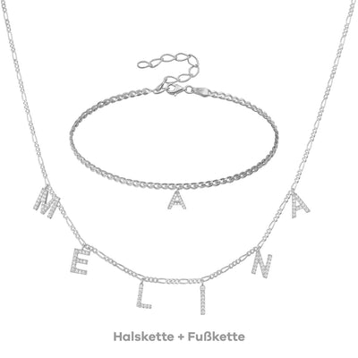 Set - Buchstaben Choker mit Zirkonia & Fußkette Gourmet mit Buchstabe (7962393313547)