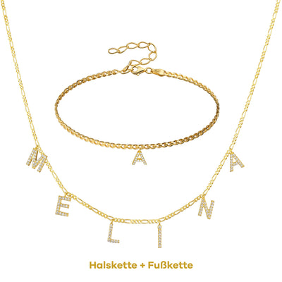 Set - Buchstaben Choker mit Zirkonia & Fußkette Gourmet mit Buchstabe (7962393313547)