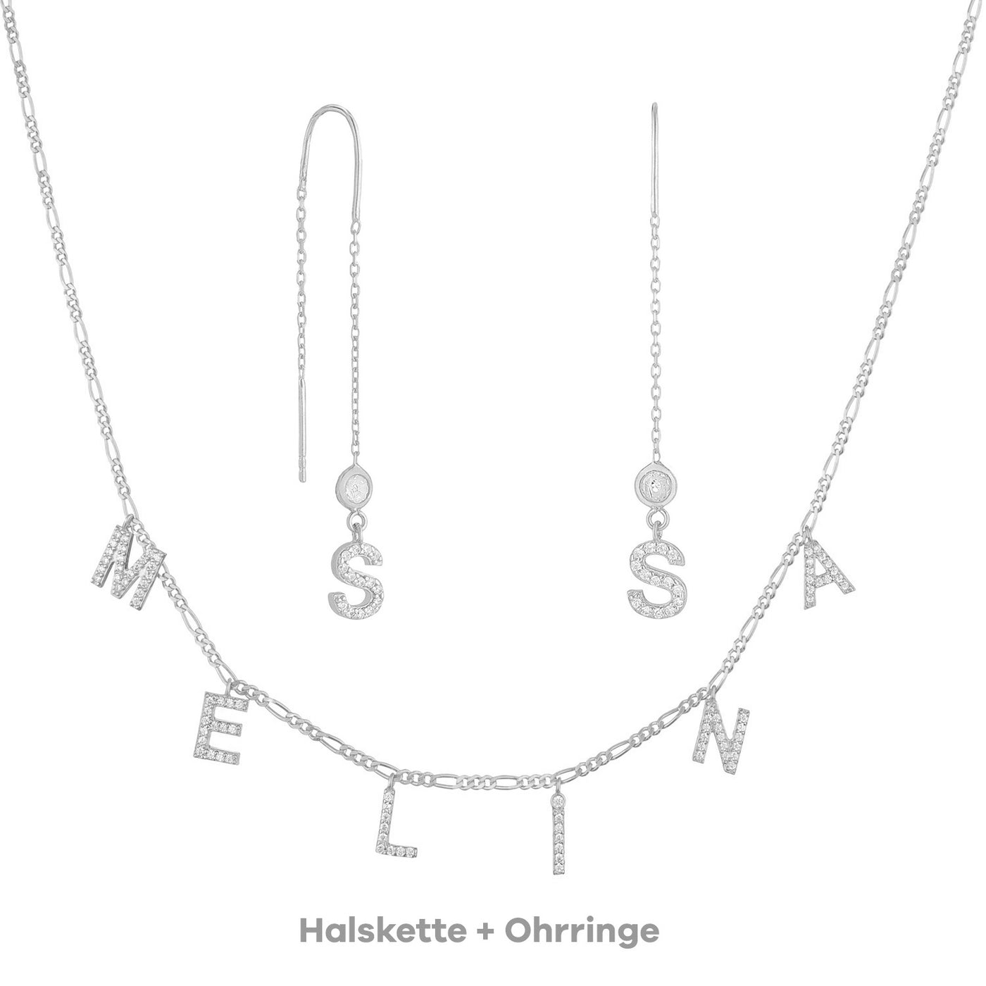 Set - Buchstaben Choker mit Zirkonia & Doppelstrang-Ohrringe mit Zirkonia (7962694877451)